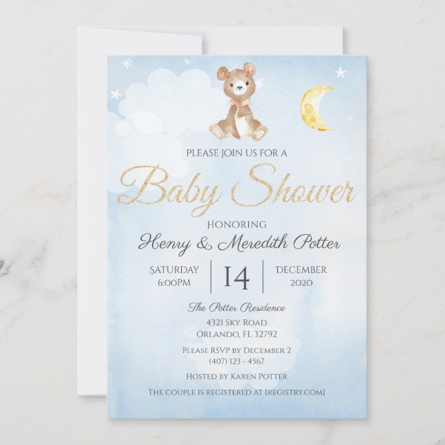 Invitation Star et Moon Teddy Bear Baby shower du garçon bleu (Devant)