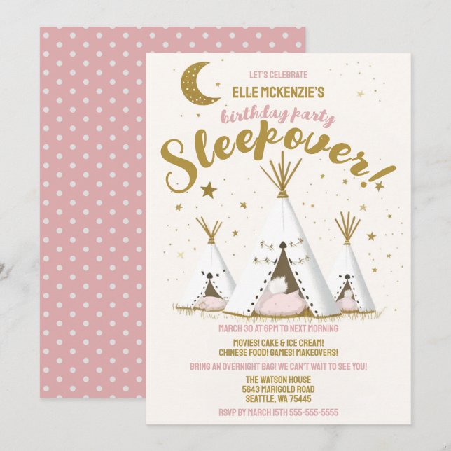 Invitation Star Night Boho Chic Teepee Sleepover Party (Devant / Derrière)