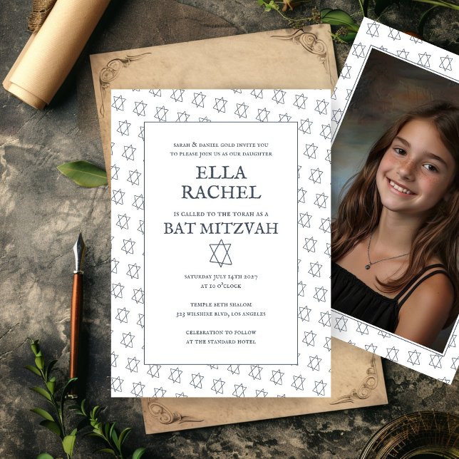 Invitation Star of David B'nai Bat Bar Mitzvah Photo personna (Star of David B'nai Bat Bar Mitzvah Custom Photo Invitation Simple Minimalist Elegant)