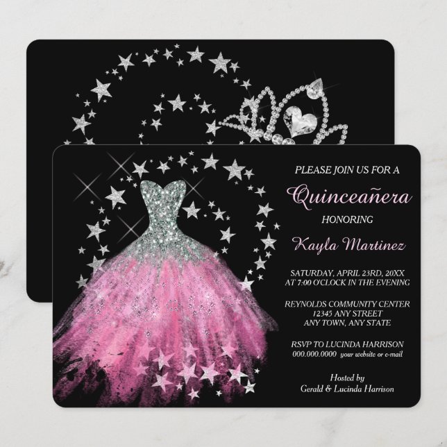 Invitation Star Shimmer Bright Pink Quinceanera (Devant / Derrière)