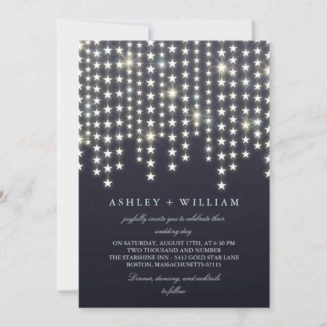 Invitation Star String Lights Dark Blue Mariage (Devant)