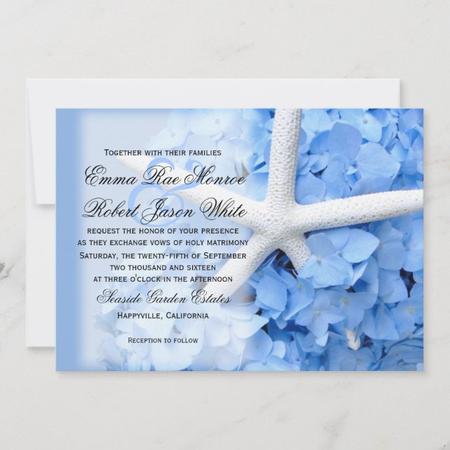 Invitation Starfish and Hydrangea Tropical Blue Wedding (Devant)