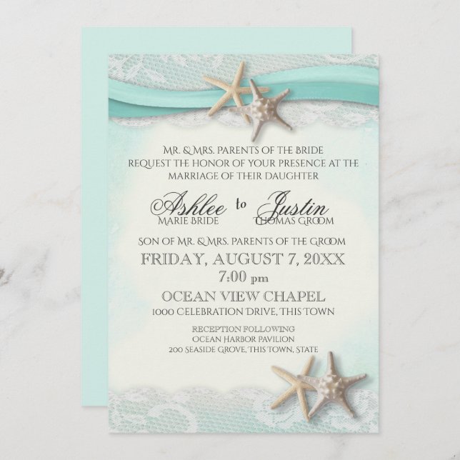 Invitation Starfish and Lace Beach Watercolor Aqua Mariage (Devant / Derrière)