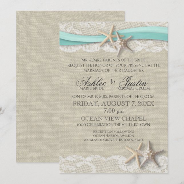 Invitation Starfish and Lace Rustic Beach Aqua Mariage (Devant / Derrière)
