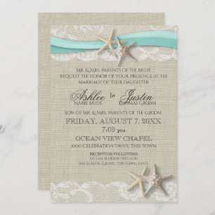 Invitation Starfish and Lace Rustic Beach Aqua Mariage