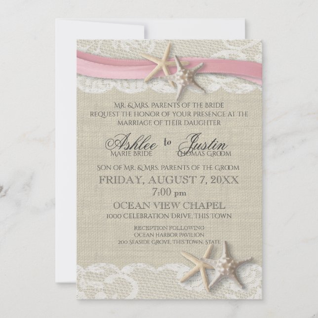 Invitation Starfish and Lace Rustic Beach Mariage rose (Devant)