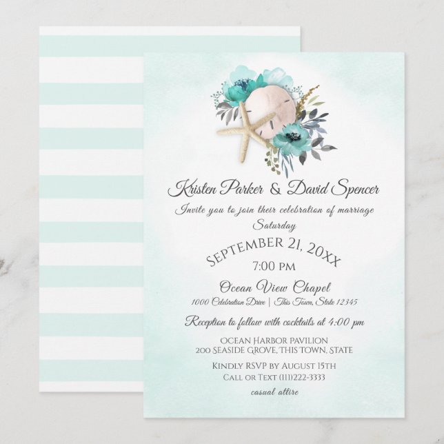 Invitation Starfish and Sand Dollar Floral Beach Wedding Invi (Devant / Derrière)