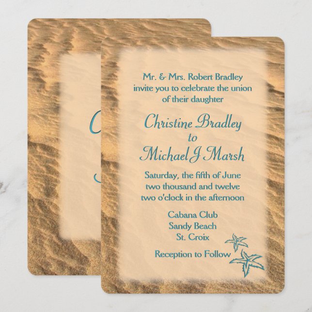 Invitation Starfish Beach Turquoise et Mariage de sable (Devant / Derrière)
