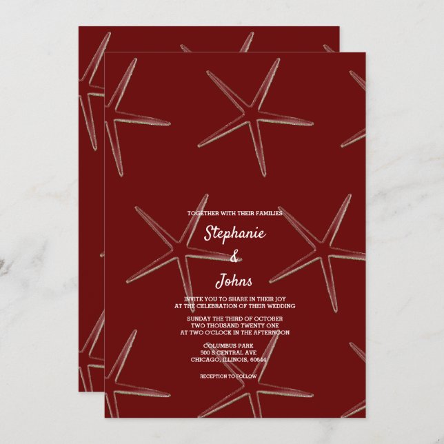 Invitation Starfish Burgundy Red Beach Destination Mariage (Devant / Derrière)