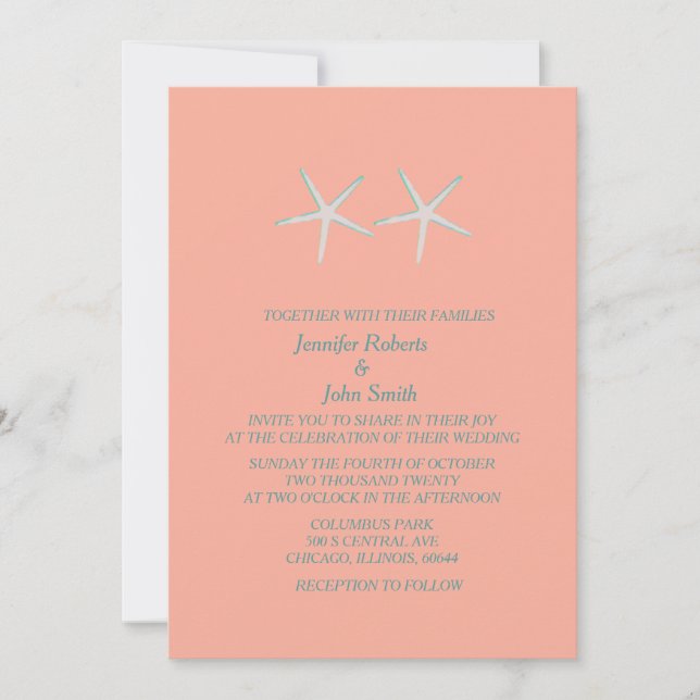 Invitation Starfish Coral Orange Grey Turquoise Mariage nauti (Devant)