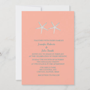 Invitation Starfish Coral Orange Grey Turquoise Mariage nauti