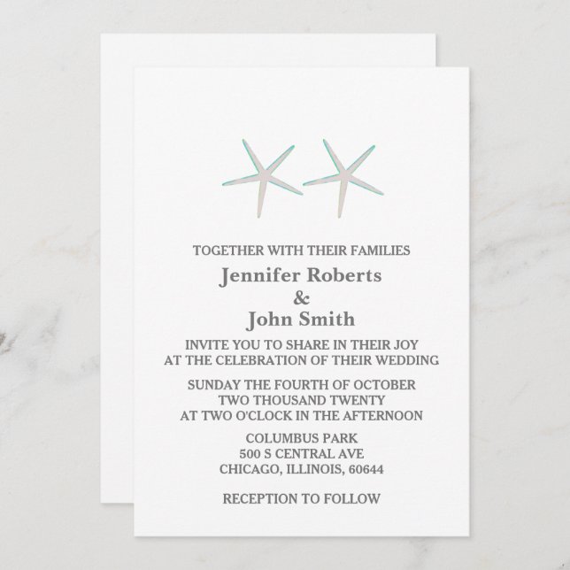 Invitation Starfish Elegant Grey Turquoise blanc Mariage naut (Devant / Derrière)