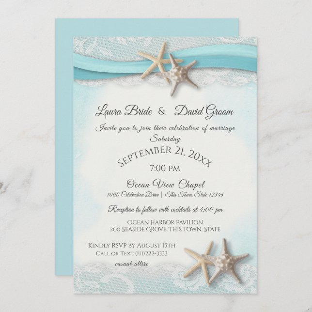 Invitation Starfish et Lace Beach Ocean Blue Mariage (Devant / Derrière)