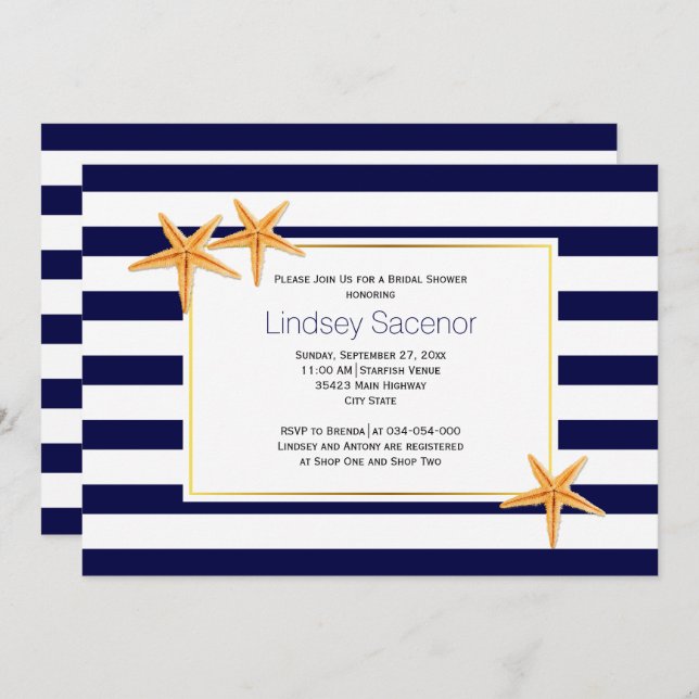 Invitation Starfish et rayures plage mariage nuptiale douche (Devant / Derrière)