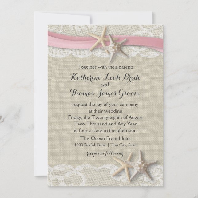 Invitation Starfish et Ribbon Beach rose (Devant)