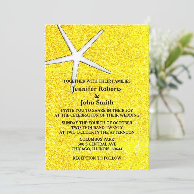 Invitation Starfish Gold Jaune Parties scintillant Plage Mari (Debout devant)