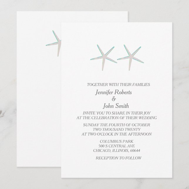 Invitation Starfish Gris Nautique Turquoise Blanc Élégant Mar (Devant / Derrière)