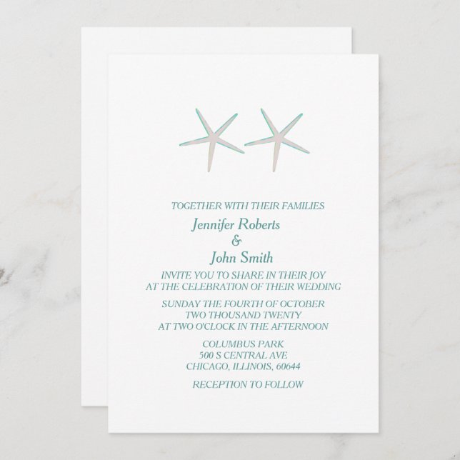 Invitation Starfish Gris Turquoise Blanc Élégant Mariage naut (Devant / Derrière)