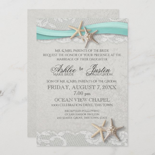 Invitation Starfish Lace Grey et Aqua Mariage (Devant / Derrière)