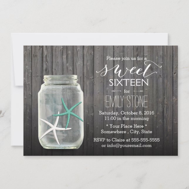 Invitation Starfish & Mason Jar Bois Arrière - plan Sweet 16 (Devant)