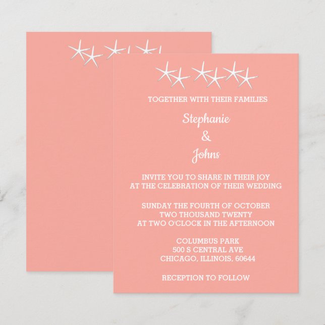 Invitation Starfish Motif Saumon blanc Orange Cute Mariage (Devant / Derrière)