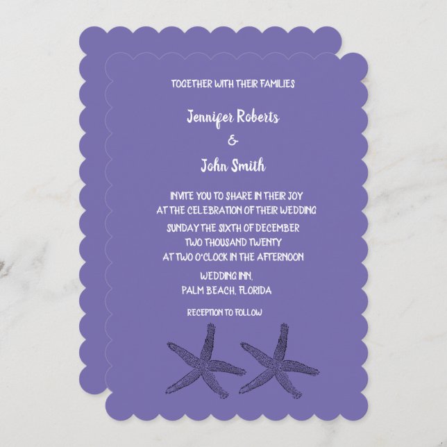 Invitation Starfish Patterns Purple White Cute Beach Mariage (Devant / Derrière)