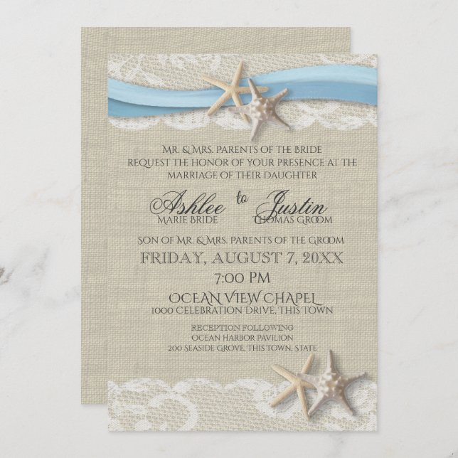 Invitation Starfish Ruban et Mariage bleu clair en dentelle (Devant / Derrière)