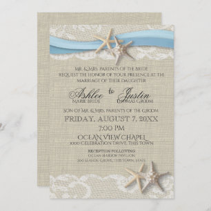 Invitation Starfish Ruban et Mariage bleu clair en dentelle