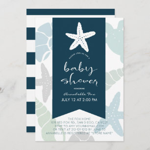 Invitation Starfish & Seashells Baby shower bleu marine