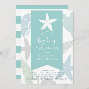 Invitation Starfish & Seashells Baby shower bleu turquoise