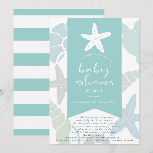 Invitation Starfish & Seashells Baby shower turquoise par mai (Devant / Derrière)