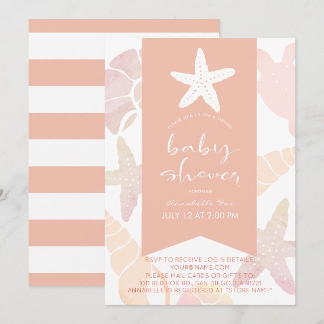 Invitation Starfish & Seashells Baby shower virtuel rose (Devant / Derrière)