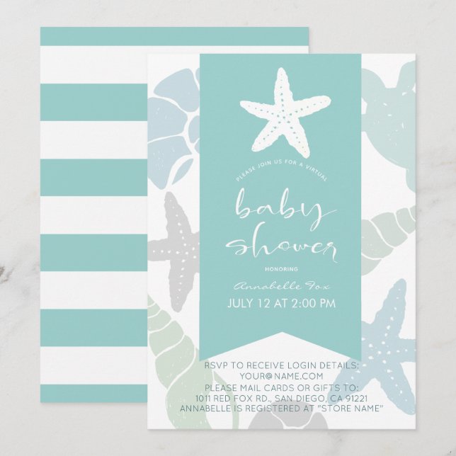 Invitation Starfish & Seashells Baby shower virtuel Turquoise (Devant / Derrière)