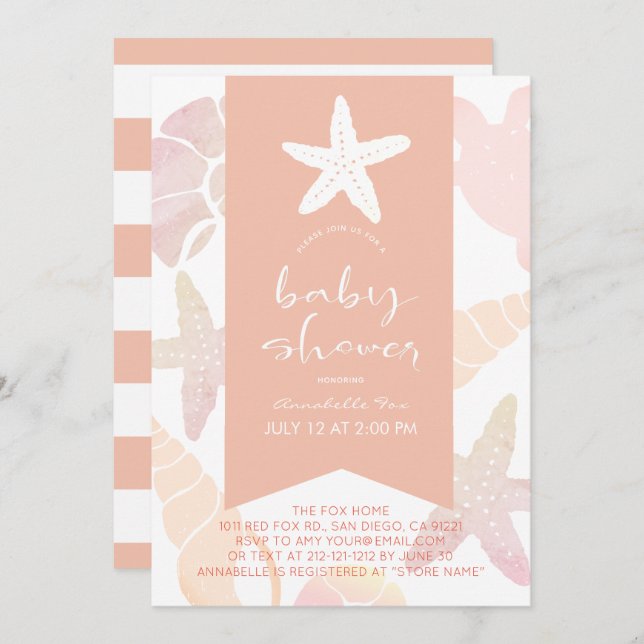 Invitation Starfish & Seashells Coral Baby shower rose (Devant / Derrière)
