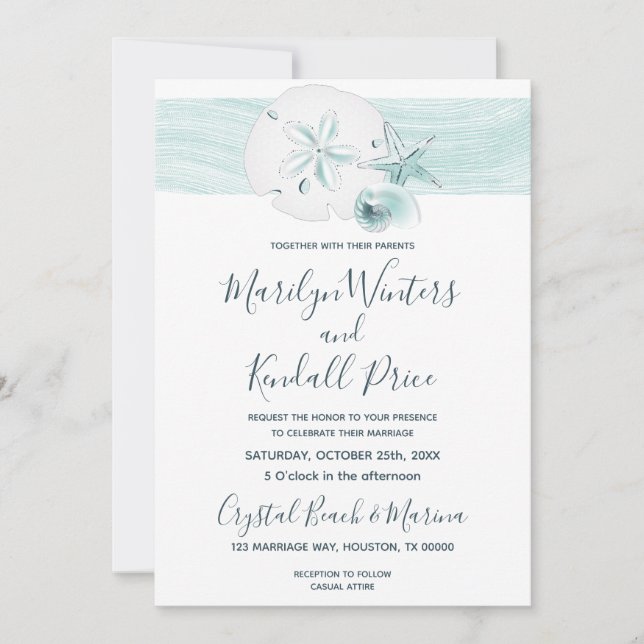 Invitation Starfish Shells Moderne Elegant Beach Wedding Part (Devant)