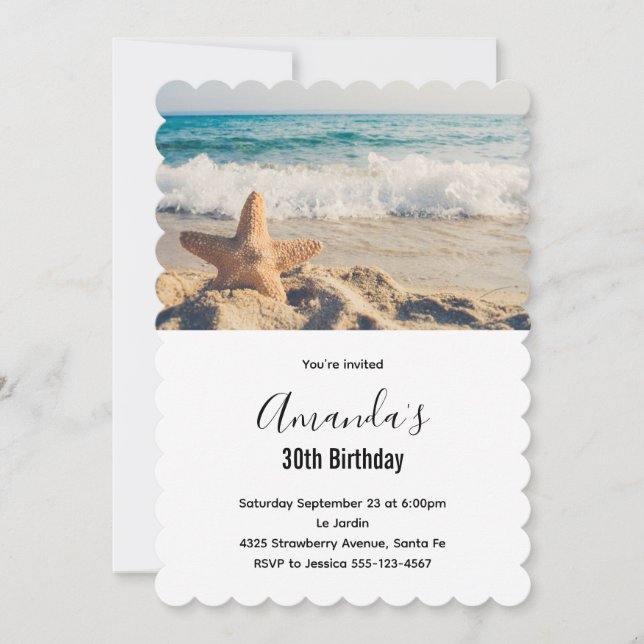 Invitation Starfish sur une plage de sable Photo Anniversaire (Devant)
