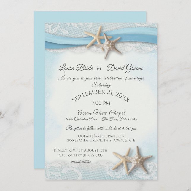 Invitation Starfish Tropical Vintage Beach Sky Blue Mariage (Devant / Derrière)