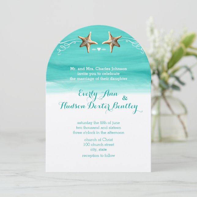Invitation Starfish Turquoise Aqua Destination Beach Mariage (Debout devant)