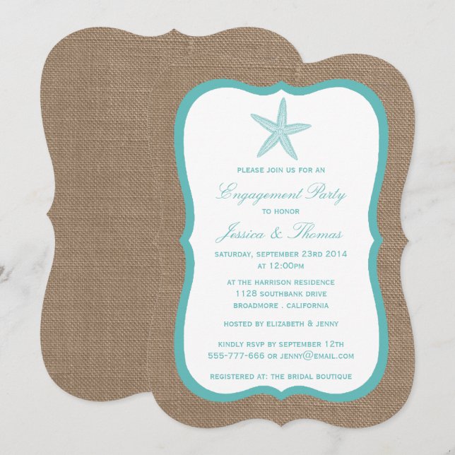 Invitation Starfish Turquoise Burlap Beach (Devant / Derrière)