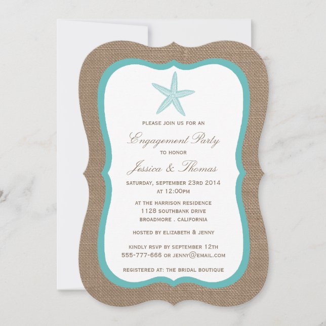 Invitation Starfish Turquoise Burlap Beach (Devant)