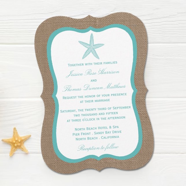 Invitation Starfish Turquoise Burlap Beach Wedding Collection (Créateur téléchargé)