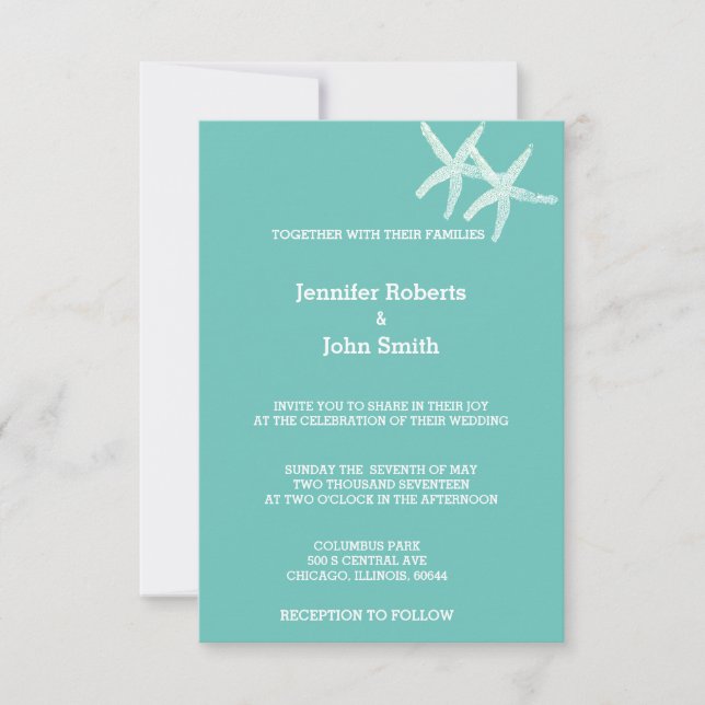 Invitation Starfish White Teal Blue Couleur personnalisée Mar (Devant)