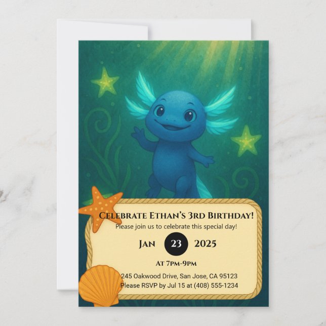Invitation Starry Blue Axolotl Birthday  (Devant)
