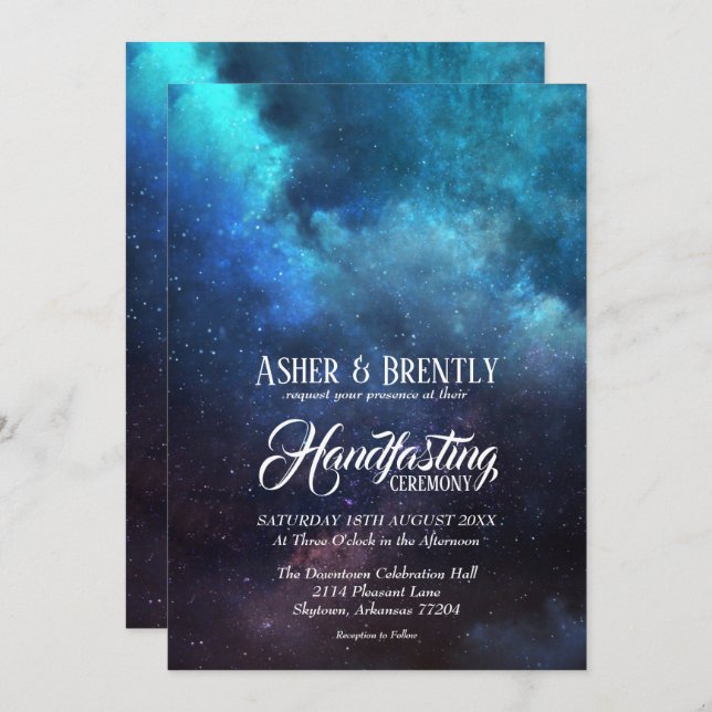 Invitation Starry Blue Nebula Moderne Wicca Handfasting (Devant / Derrière)