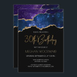 Invitation Starry Gold Agate Geode 30e fête d'anniversaire<br><div class="desc">Cette invitation branchée à la fête du 30e anniversaire présente une aquarelle d'une géode d'agate dans les tons bleu et violet, parsemée d'étoiles scintillantes et parée de reflets de parties scintillant d'or. Les mots "30th Birthday" apparaissent dans la parties scintillant en faux or dans la police d'écriture moderne décorative. Customisez-le...</div>