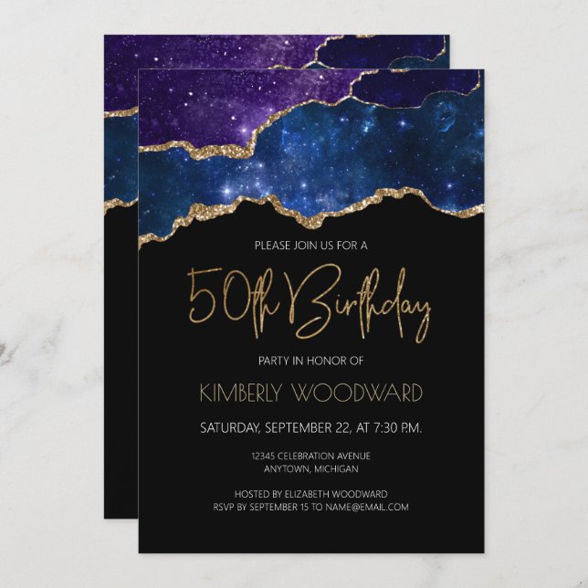 Invitation Starry Gold Agate Geode 50e fête d'anniversaire (Devant / Derrière)