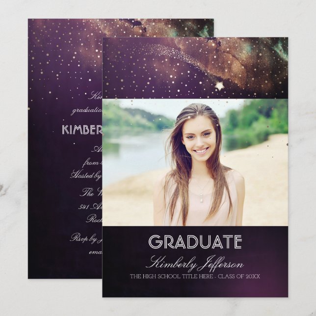 Invitation Starry Night and Shooting Star Photo Graduation (Devant / Derrière)
