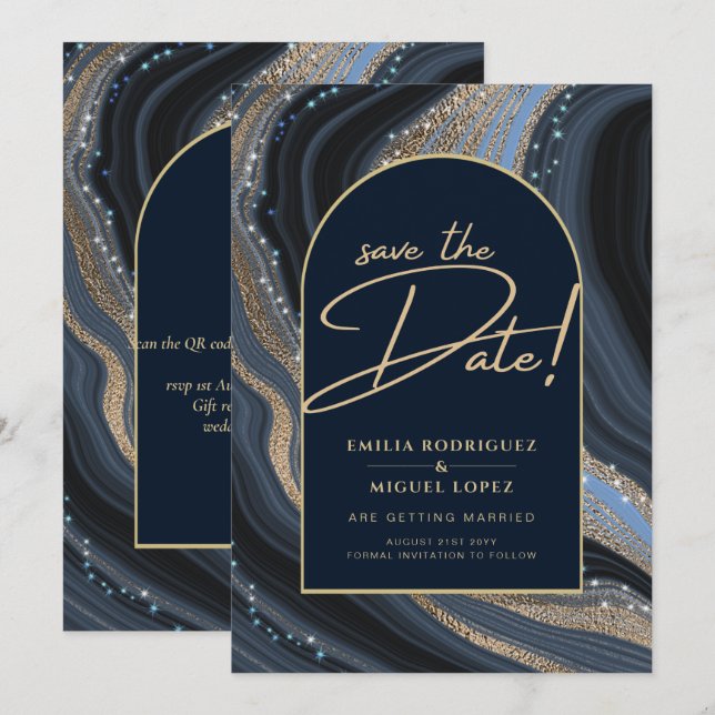 Invitation Starry Night Marine Gold Agate Mariage SAVE DATE (Devant / Derrière)