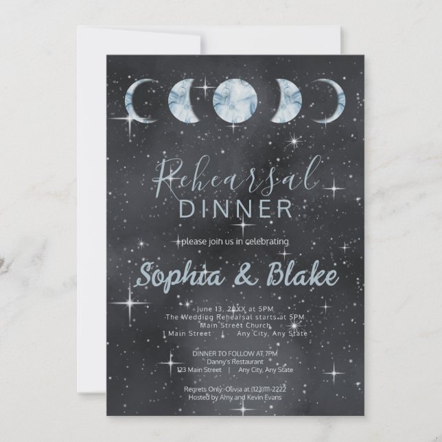 Invitation Starry Night Moon Phases Zodiac Repétition Dîner (Devant)