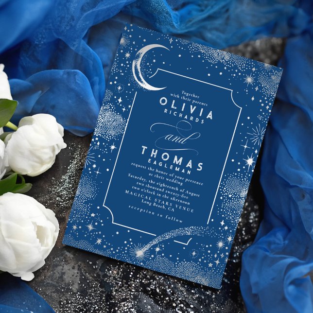 Invitation Starry Night Moon Tir Star Celestial Mariage (Silver and Navy Blue Celestial Wedding Invitations)